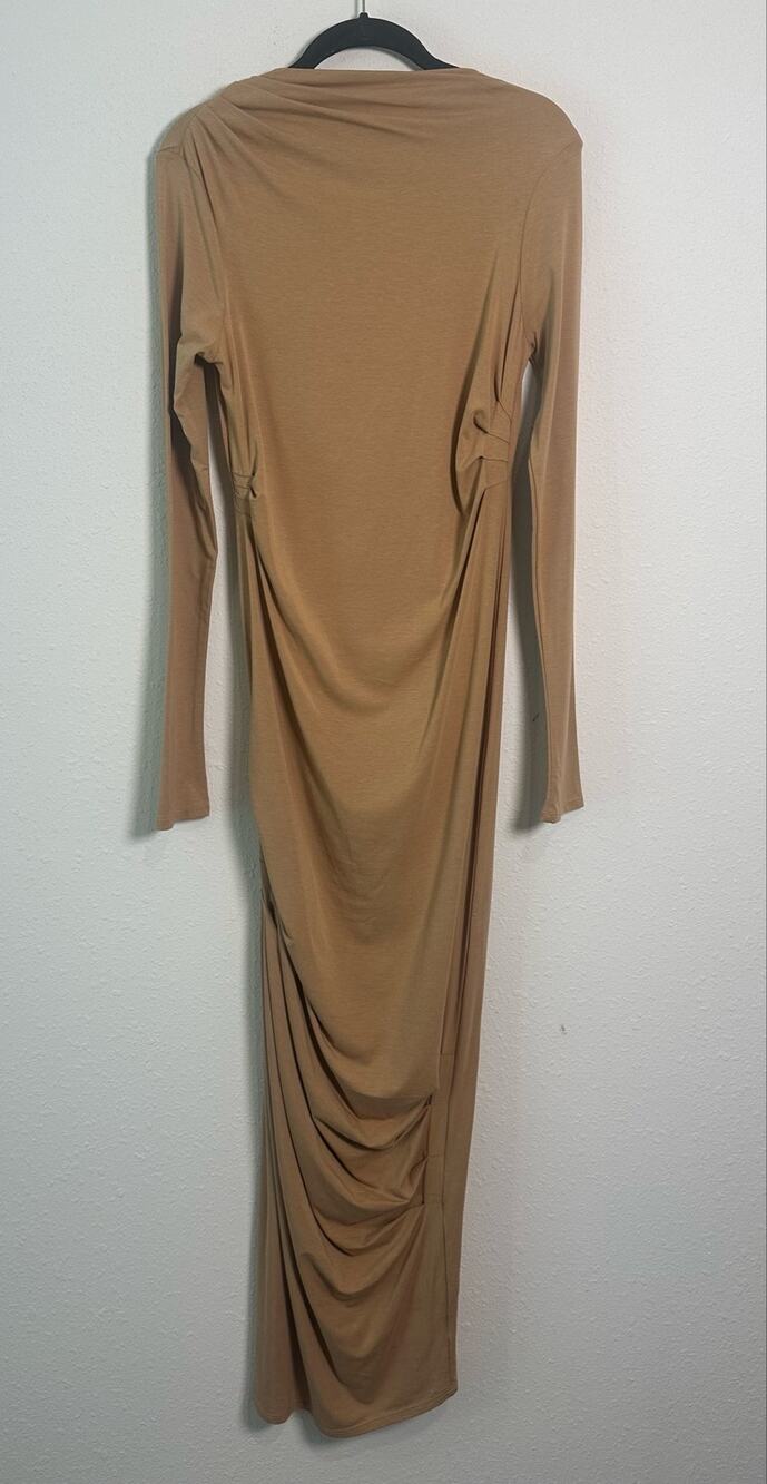 The Line by K Asher Ruched Maxi Long Sleeve Camel Tan mock-neck jersey dress